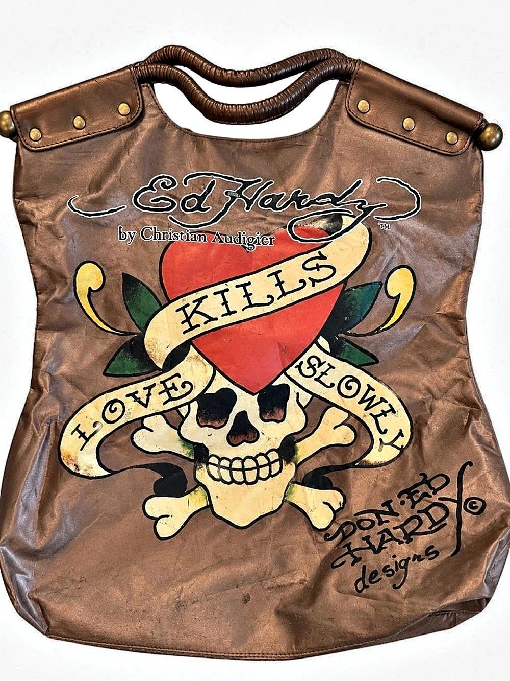 Ed Hardy Love Kills Slowly Tote Bag Brown & Red NWT